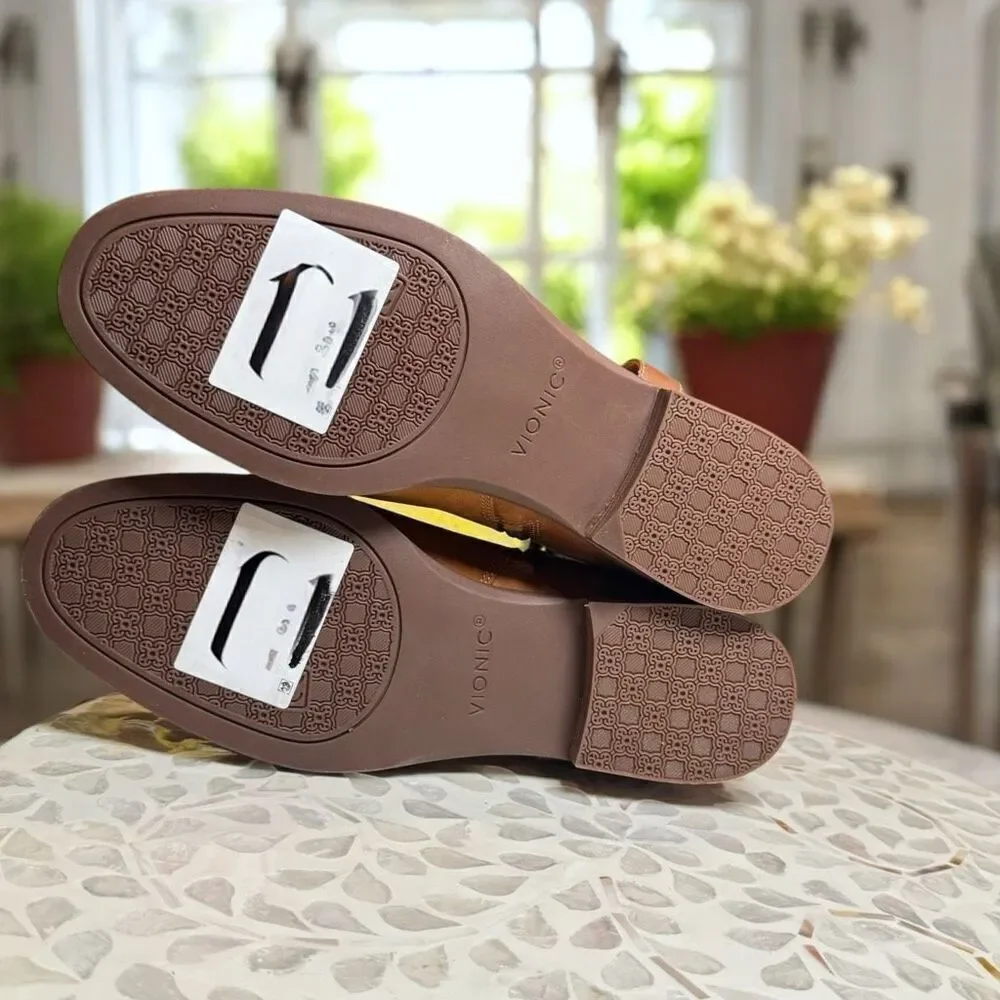 Vionic $190 Rhiannon Equestrian Ankle Boots Cognac Nubuck Leather Buckle Detail